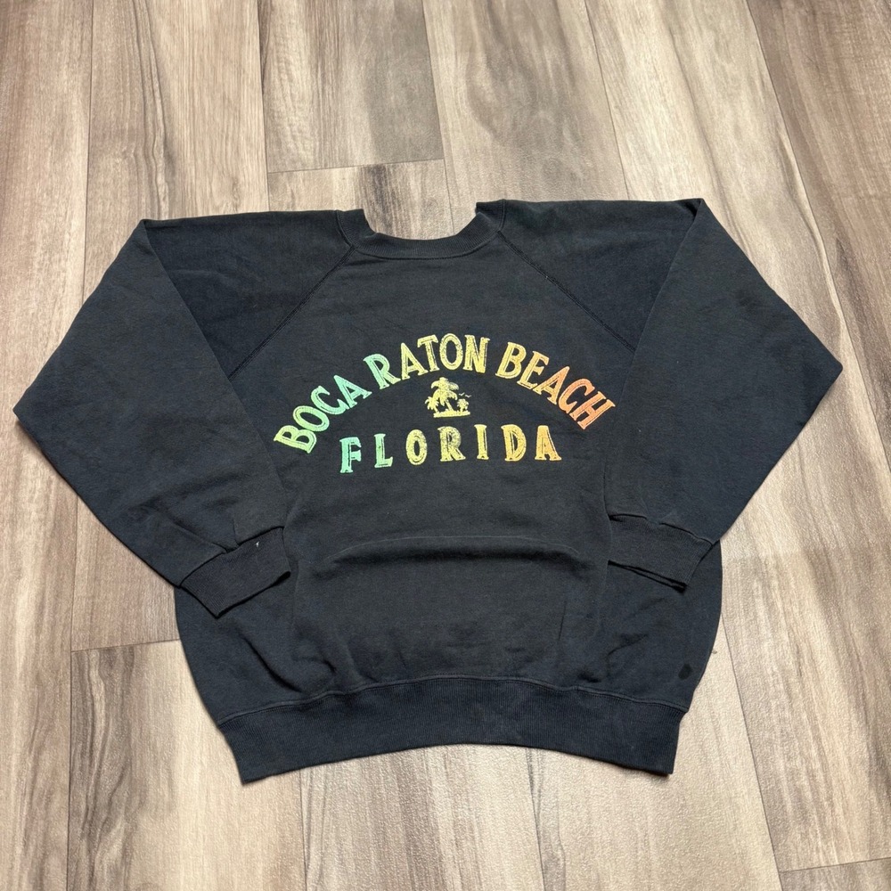 Vintage Hanes 80s Boca Raton Beach Florida Sweatshirt Black Raglan USA Large